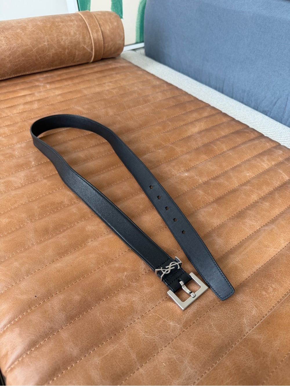 Saint Laurent Cassandre Black Leather Belt with Silver YSL Buckle